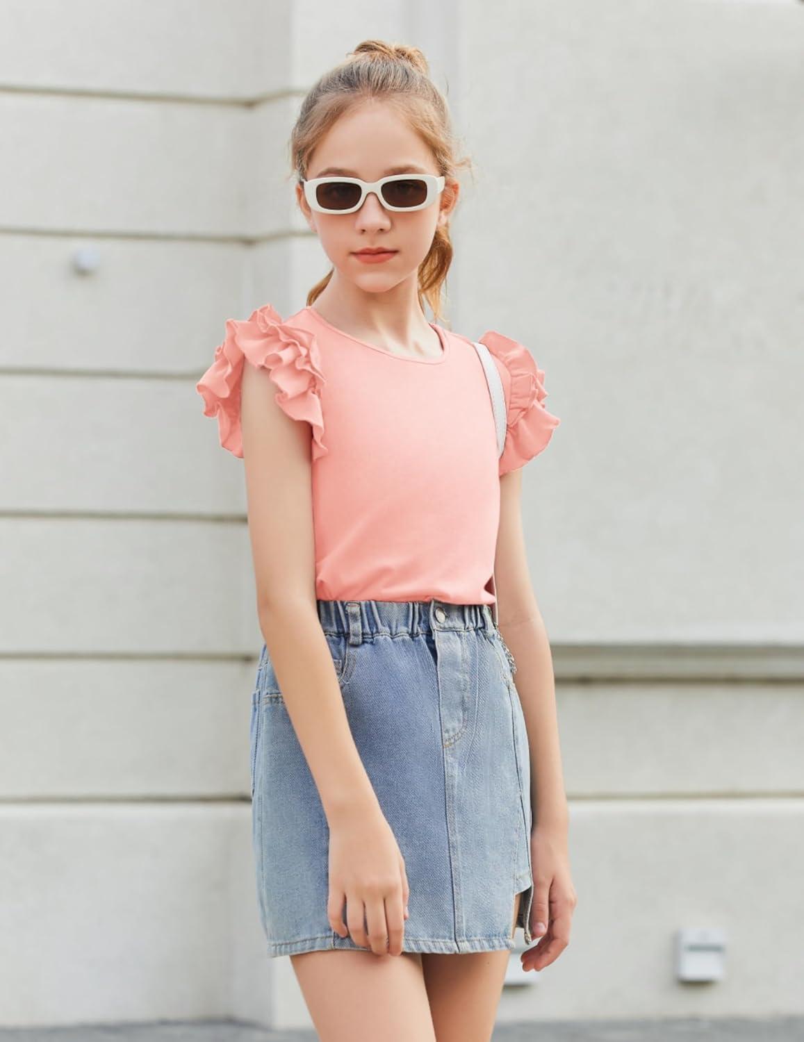 image:imageArshiner Girls 2 Piece Outfits Summer Clothes Ruffle Short Sleeve Shirts Top and High Waist Paper Bag Shorts Set with PocketsPinkflower
