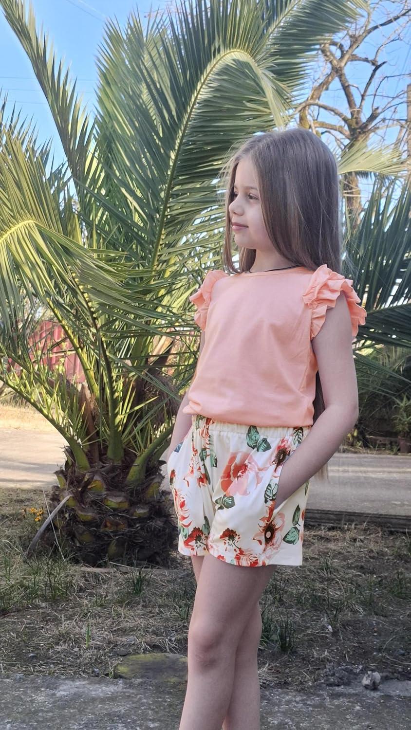 image:imageArshiner Girls 2 Piece Outfits Summer Clothes Ruffle Short Sleeve Shirts Top and High Waist Paper Bag Shorts Set with PocketsPinkflower