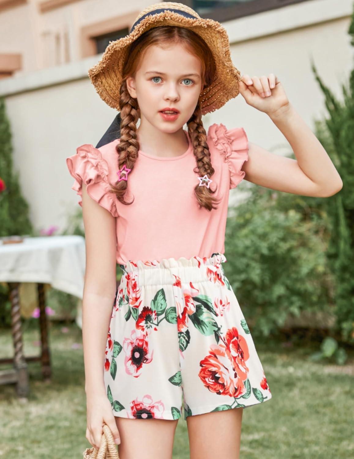 image:imageArshiner Girls 2 Piece Outfits Summer Clothes Ruffle Short Sleeve Shirts Top and High Waist Paper Bag Shorts Set with PocketsPinkflower