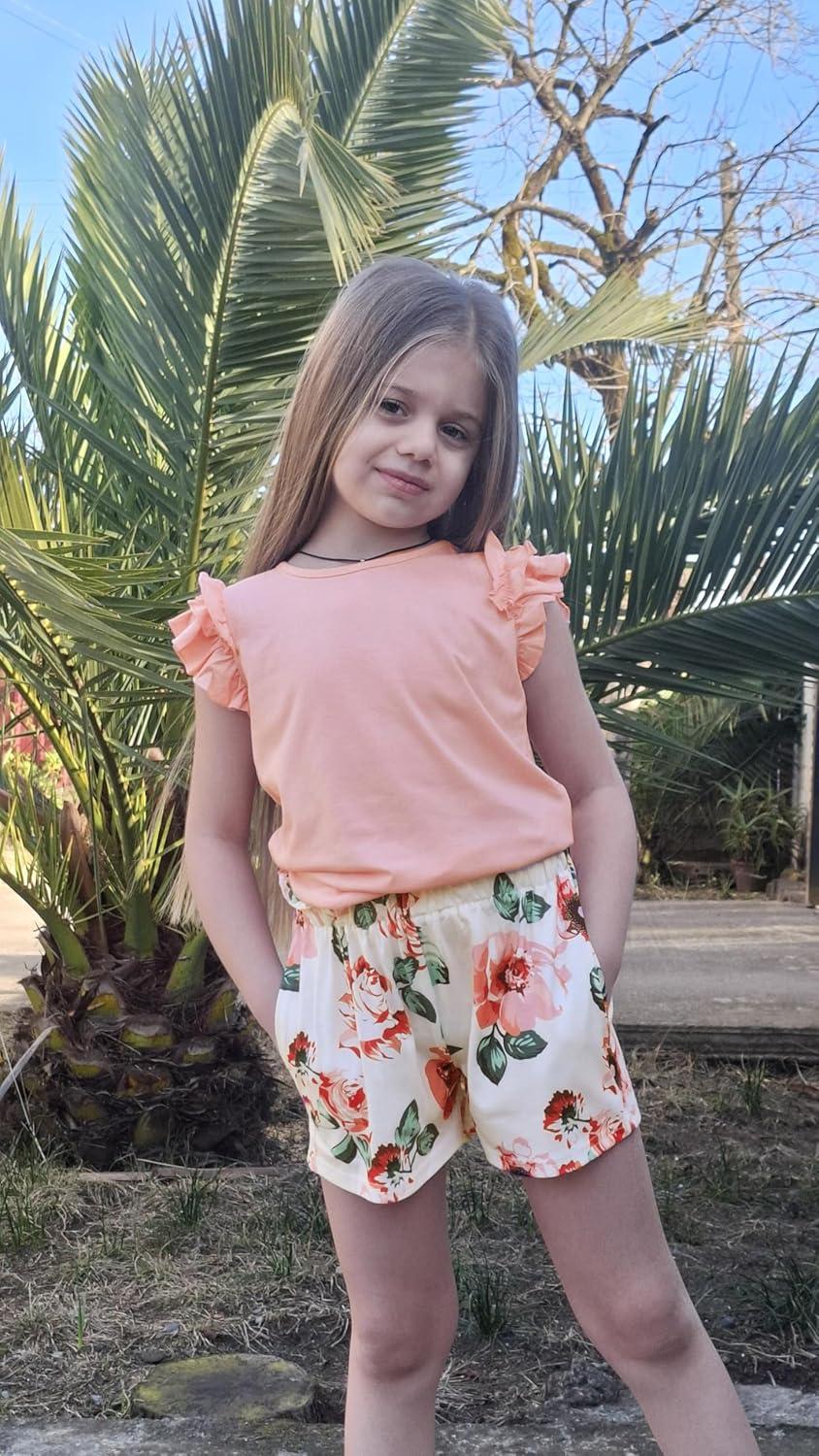 image:imageArshiner Girls 2 Piece Outfits Summer Clothes Ruffle Short Sleeve Shirts Top and High Waist Paper Bag Shorts Set with PocketsPinkflower