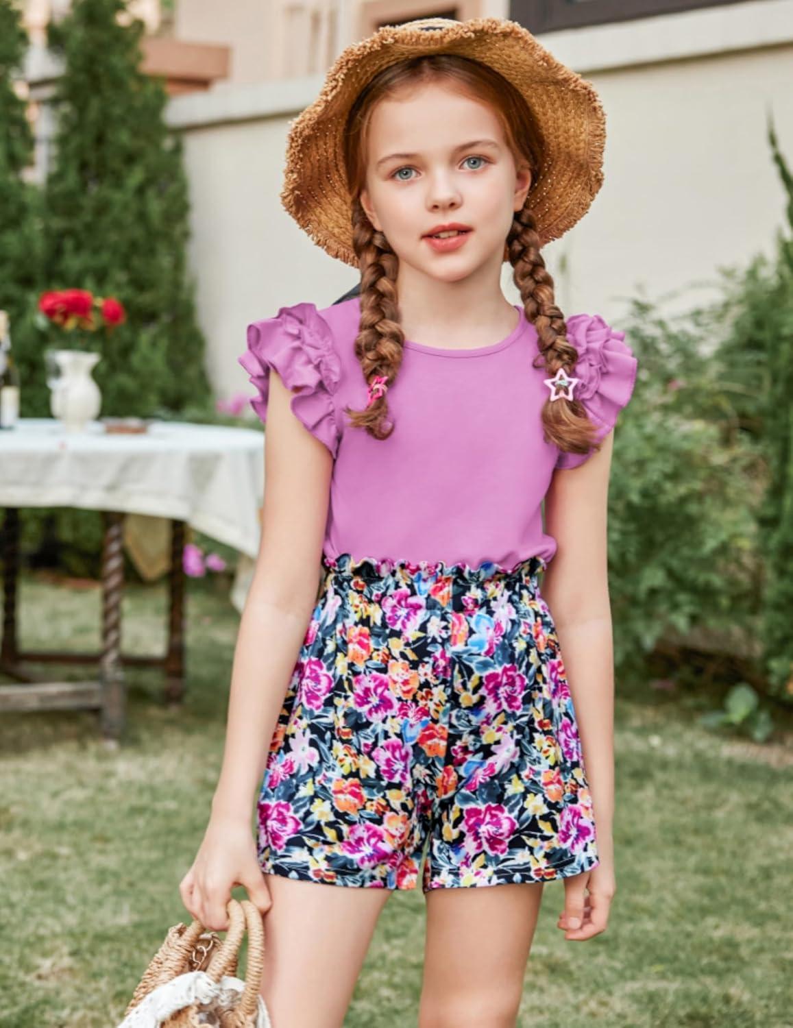 image:imageArshiner Girls 2 Piece Outfits Summer Clothes Ruffle Short Sleeve Shirts Top and High Waist Paper Bag Shorts Set with PocketsPurpleflower