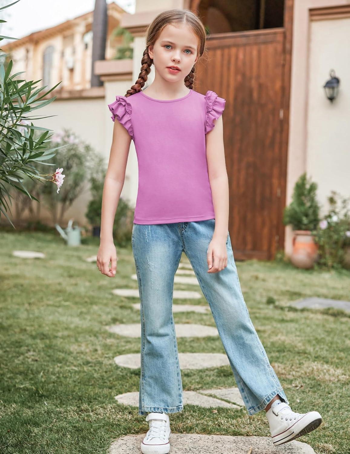 image:imageArshiner Girls 2 Piece Outfits Summer Clothes Ruffle Short Sleeve Shirts Top and High Waist Paper Bag Shorts Set with PocketsPurpleflower