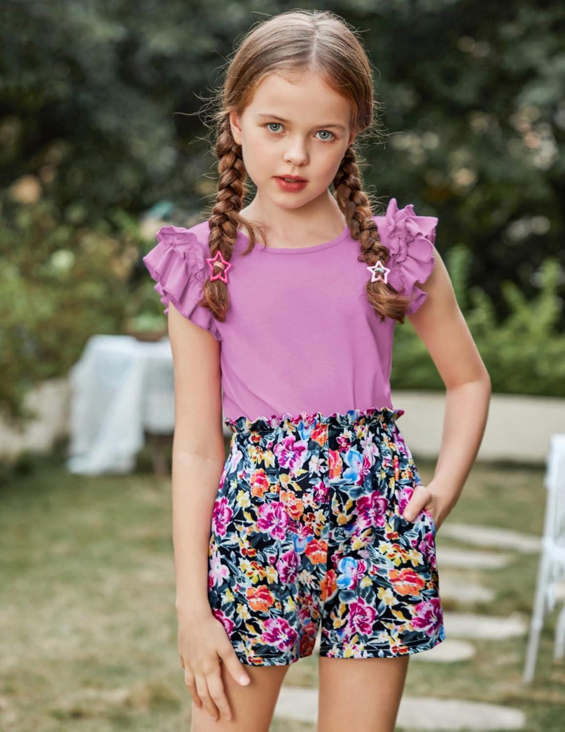 image:imageArshiner Girls 2 Piece Outfits Summer Clothes Ruffle Short Sleeve Shirts Top and High Waist Paper Bag Shorts Set with PocketsPurpleflower