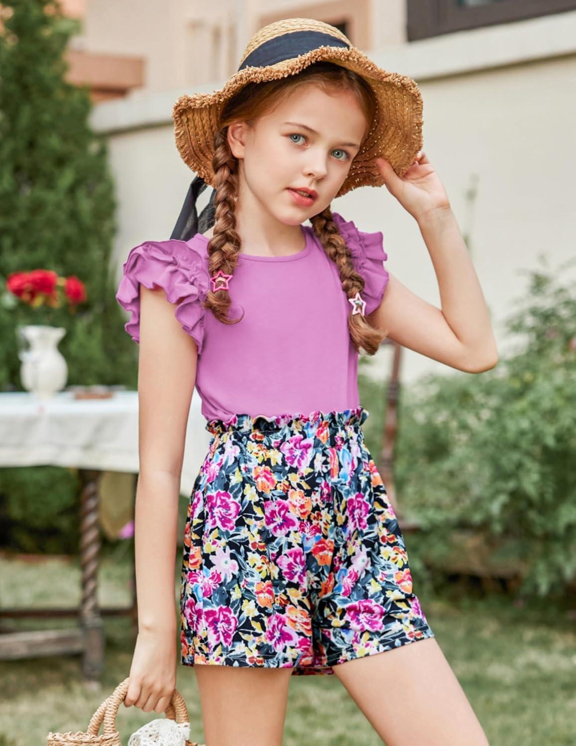 image:imageArshiner Girls 2 Piece Outfits Summer Clothes Ruffle Short Sleeve Shirts Top and High Waist Paper Bag Shorts Set with PocketsPurpleflower