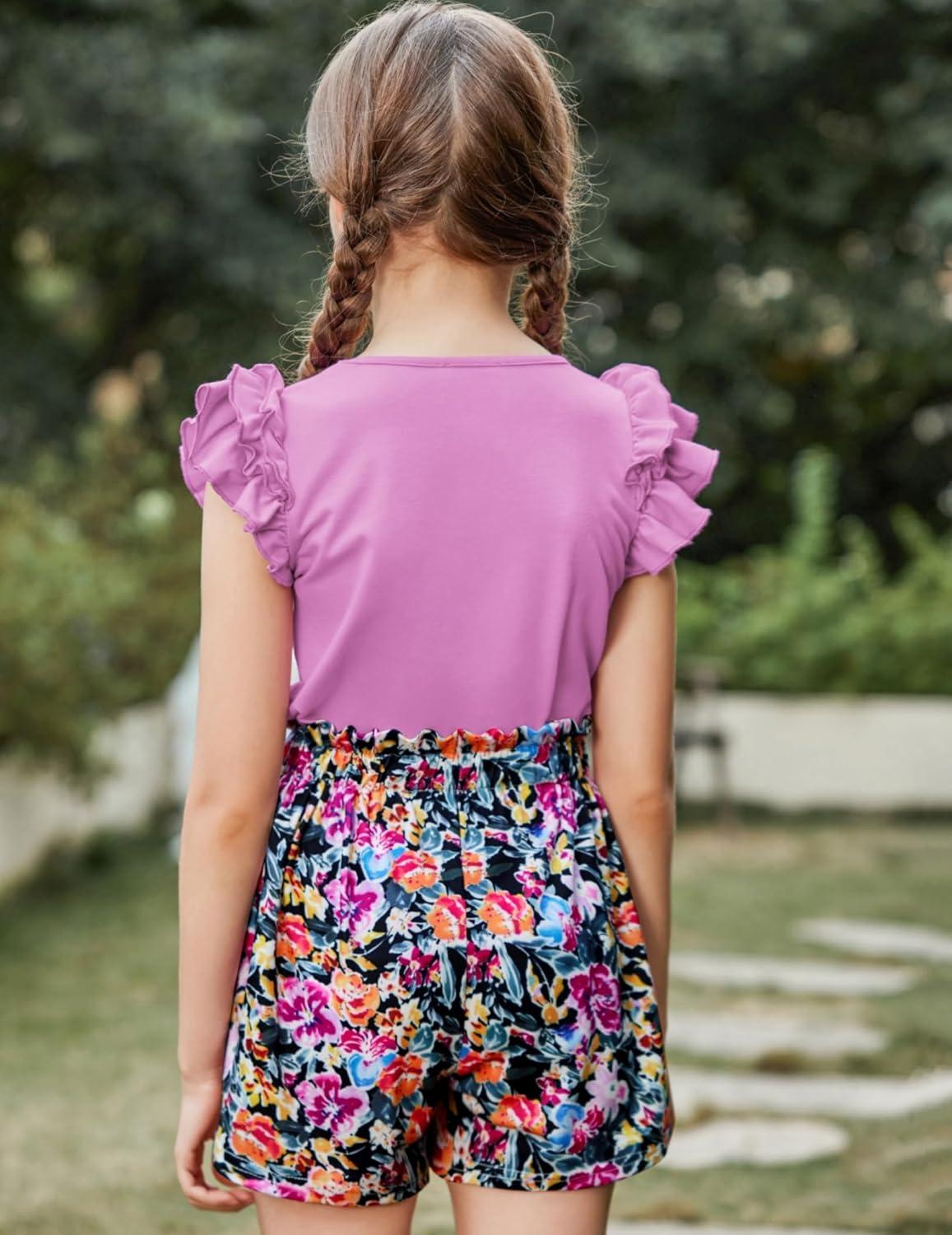 image:imageArshiner Girls 2 Piece Outfits Summer Clothes Ruffle Short Sleeve Shirts Top and High Waist Paper Bag Shorts Set with PocketsPurpleflower