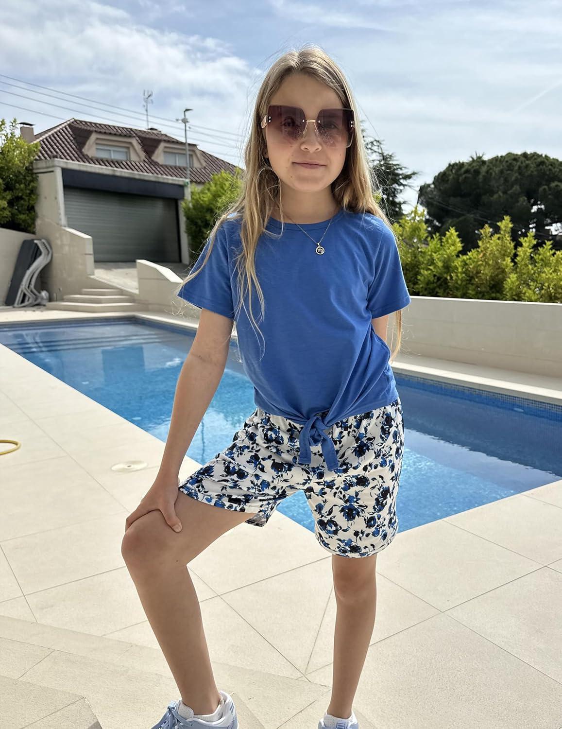 image:imageArshiner Girls 2 Piece Outfits Summer Clothes Short Sleeve Tops and Paperbag Waist Shorts Set Cute Outfits 514Blue Flower