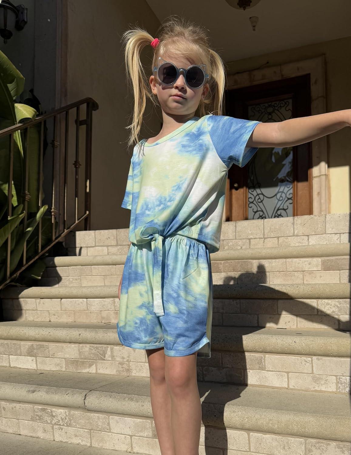 image:imageArshiner Girls 2 Piece Outfits Summer Clothes Short Sleeve Tops and Paperbag Waist Shorts Set Cute Outfits 514Greenbluewhite