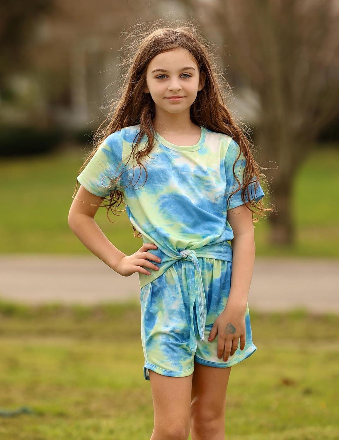 image:imageArshiner Girls 2 Piece Outfits Summer Clothes Short Sleeve Tops and Paperbag Waist Shorts Set Cute Outfits 514Greenbluewhite