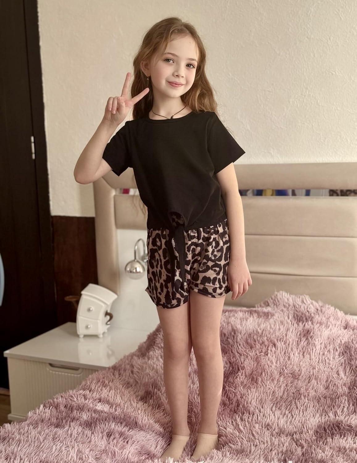 image:imageArshiner Girls 2 Piece Outfits Summer Clothes Short Sleeve Tops and Paperbag Waist Shorts Set Cute Outfits 514Leopard Print
