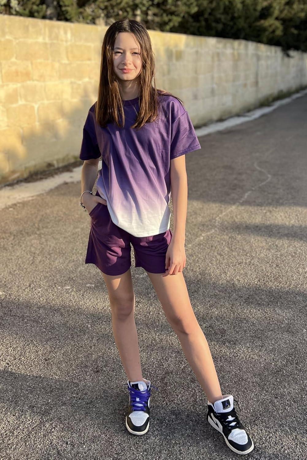 image:imageArshiner Girls 2 Piece Outfits Summer Clothes Short Sleeve Tops and Short with Pockets Kids Fashion Clothing SetsPurple