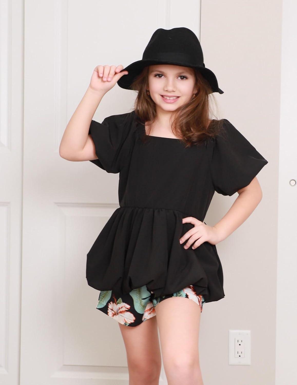 image:imageArshiner Girls 2 Piece Outfits Summer Clothes Square Neck Puffed Sleeve Bubble Hem Tops Shirt and Casual Short SetBlackhawaii Flower
