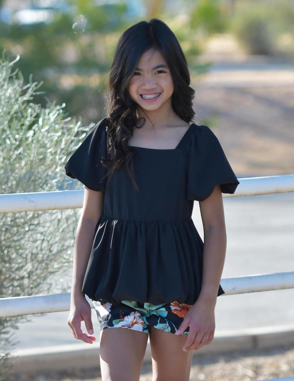 image:imageArshiner Girls 2 Piece Outfits Summer Clothes Square Neck Puffed Sleeve Bubble Hem Tops Shirt and Casual Short SetBlackhawaii Flower