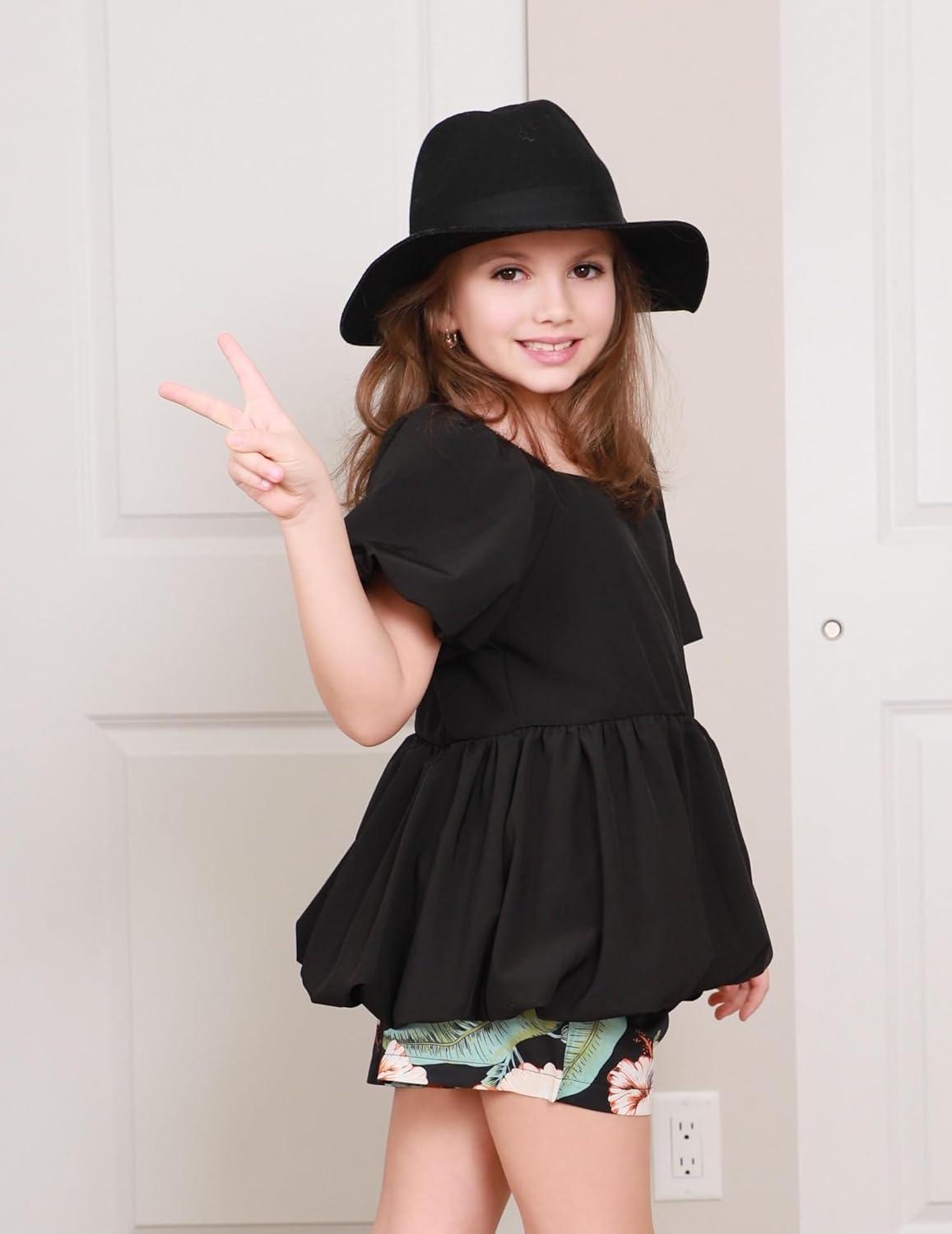 image:imageArshiner Girls 2 Piece Outfits Summer Clothes Square Neck Puffed Sleeve Bubble Hem Tops Shirt and Casual Short SetBlackhawaii Flower