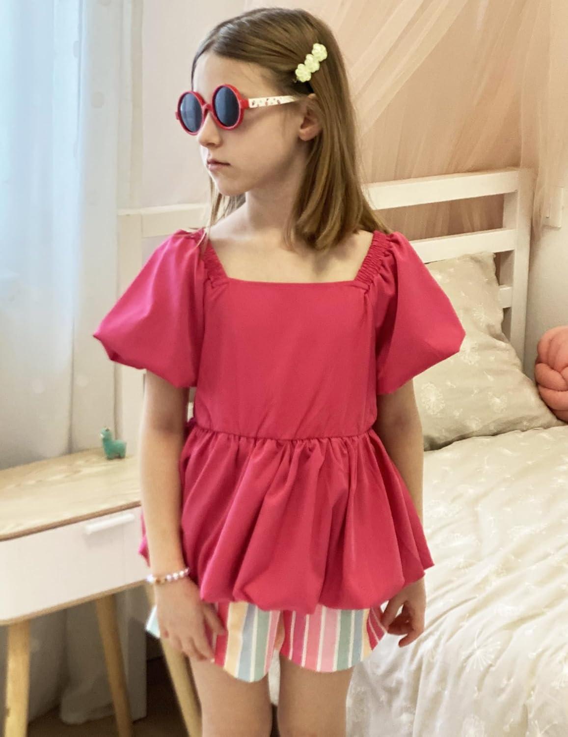 image:imageArshiner Girls 2 Piece Outfits Summer Clothes Square Neck Puffed Sleeve Bubble Hem Tops Shirt and Casual Short SetHot Pinkstrips