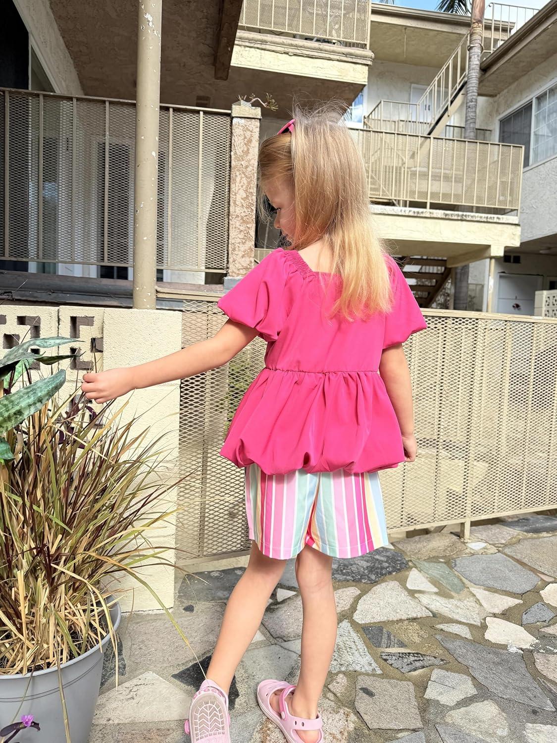 image:imageArshiner Girls 2 Piece Outfits Summer Clothes Square Neck Puffed Sleeve Bubble Hem Tops Shirt and Casual Short SetHot Pinkstrips