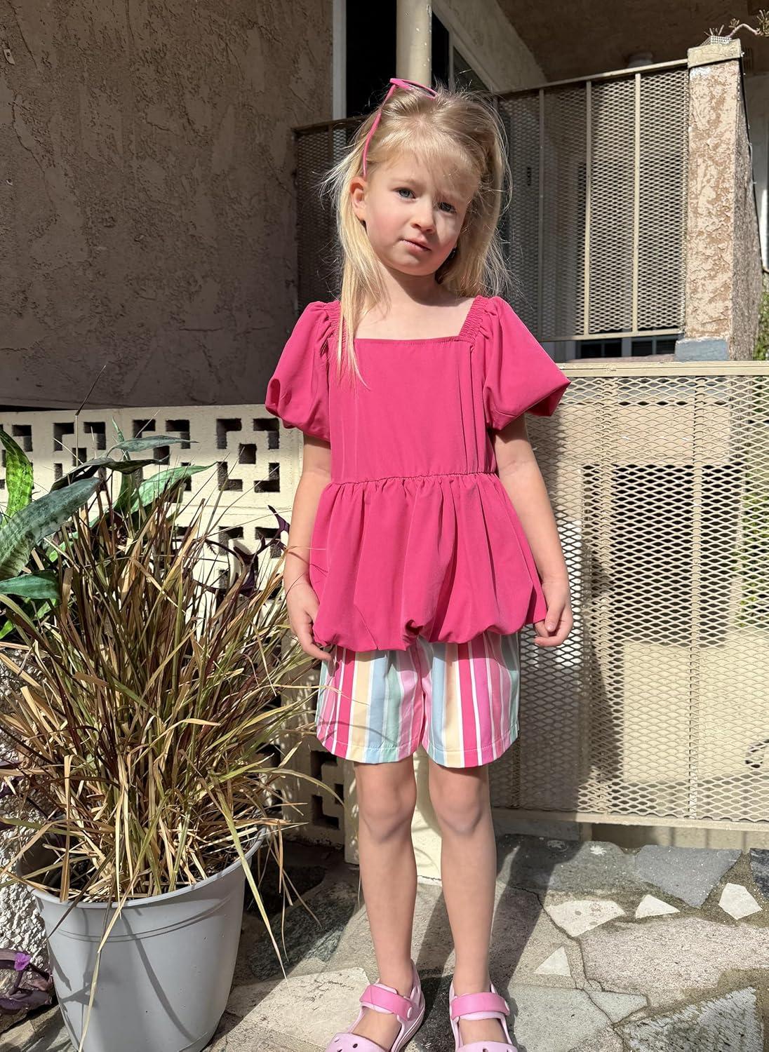 image:imageArshiner Girls 2 Piece Outfits Summer Clothes Square Neck Puffed Sleeve Bubble Hem Tops Shirt and Casual Short SetHot Pinkstrips