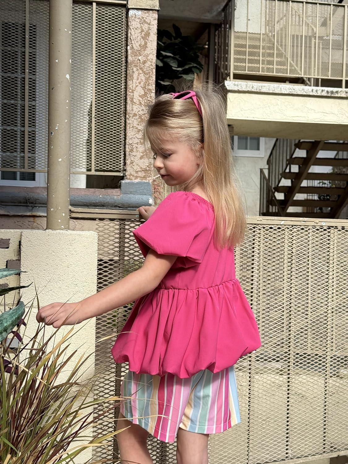 image:imageArshiner Girls 2 Piece Outfits Summer Clothes Square Neck Puffed Sleeve Bubble Hem Tops Shirt and Casual Short SetHot Pinkstrips