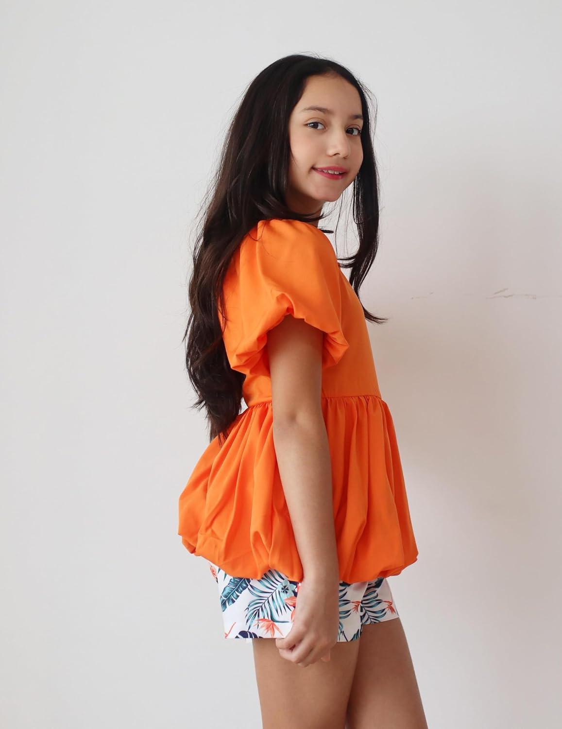 image:imageArshiner Girls 2 Piece Outfits Summer Clothes Square Neck Puffed Sleeve Bubble Hem Tops Shirt and Casual Short SetOrangeprint