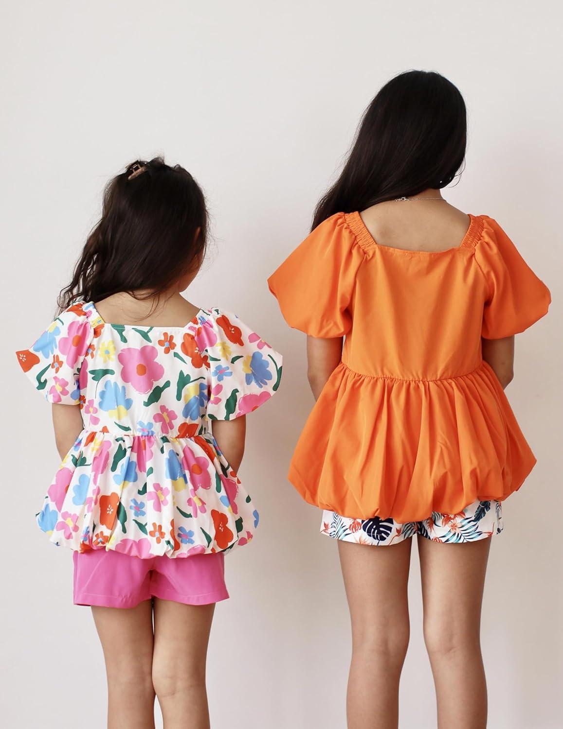 image:imageArshiner Girls 2 Piece Outfits Summer Clothes Square Neck Puffed Sleeve Bubble Hem Tops Shirt and Casual Short SetOrangeprint