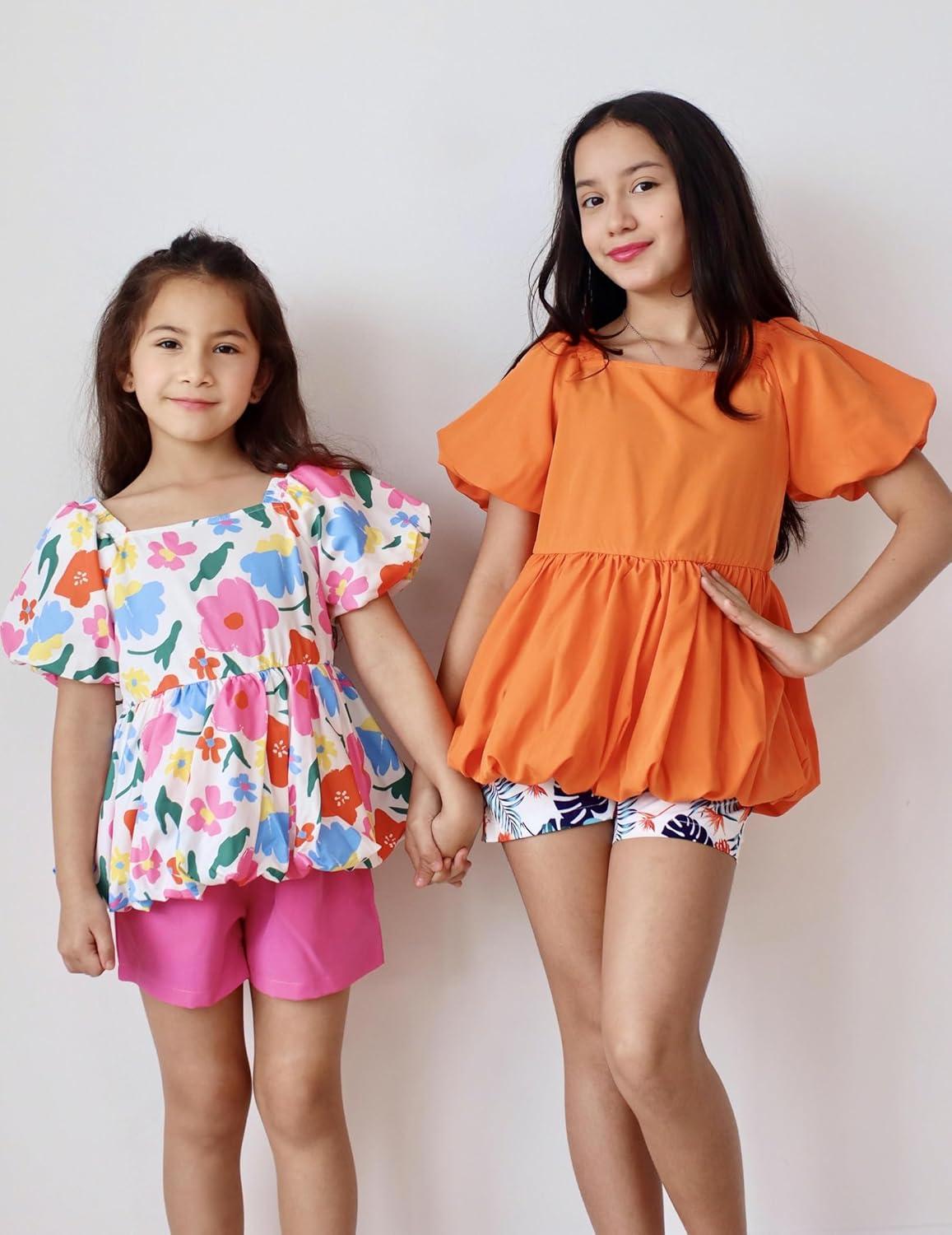 image:imageArshiner Girls 2 Piece Outfits Summer Clothes Square Neck Puffed Sleeve Bubble Hem Tops Shirt and Casual Short SetOrangeprint