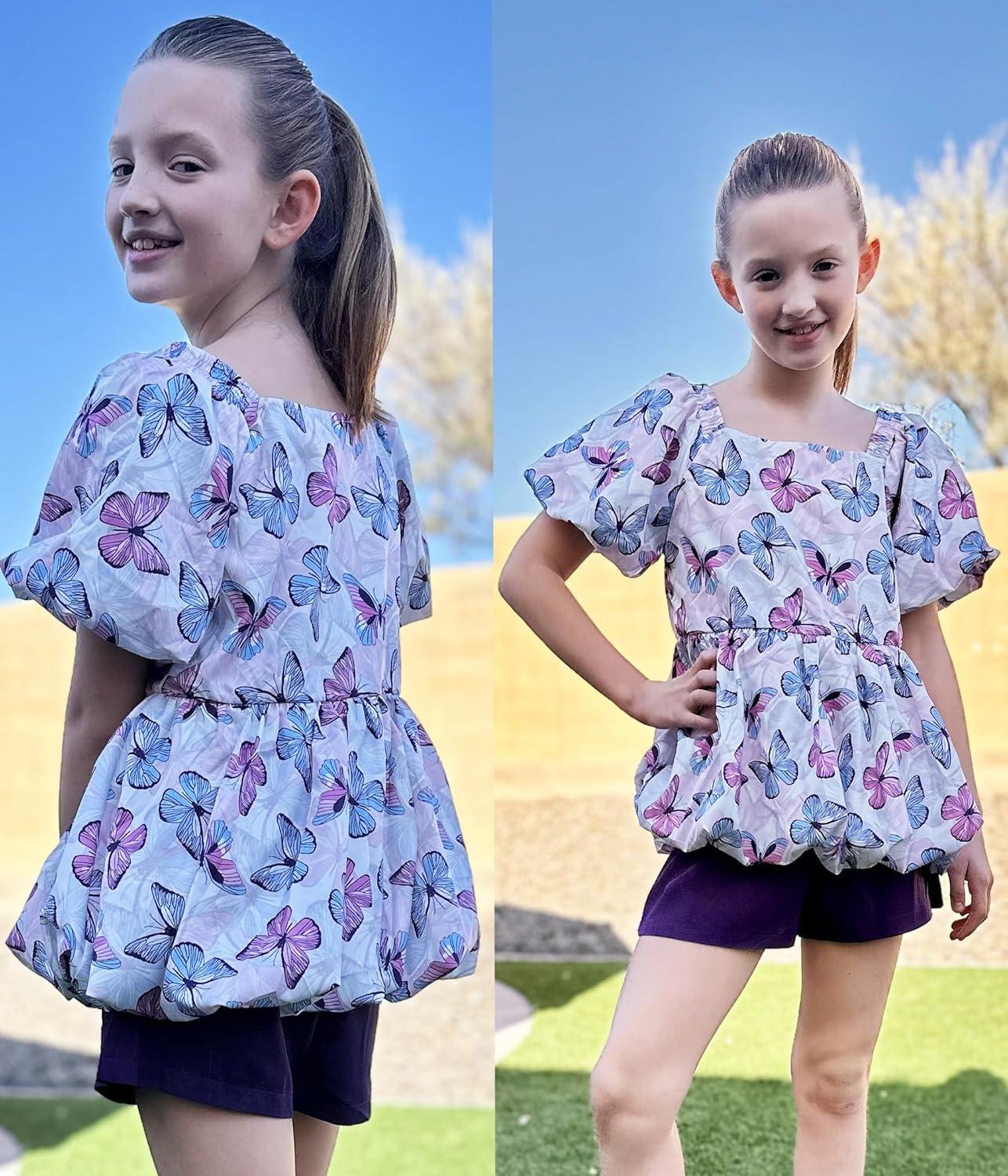 image:imageArshiner Girls 2 Piece Outfits Summer Clothes Square Neck Puffed Sleeve Bubble Hem Tops Shirt and Casual Short SetPurplebutterfly