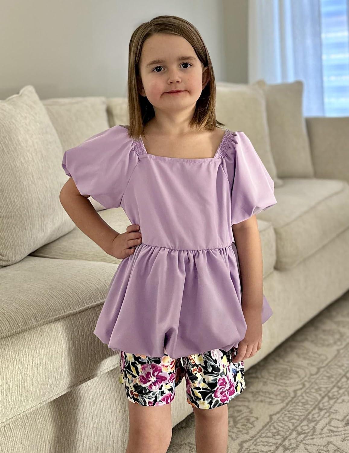 image:imageArshiner Girls 2 Piece Outfits Summer Clothes Square Neck Puffed Sleeve Bubble Hem Tops Shirt and Casual Short SetPurpleflower