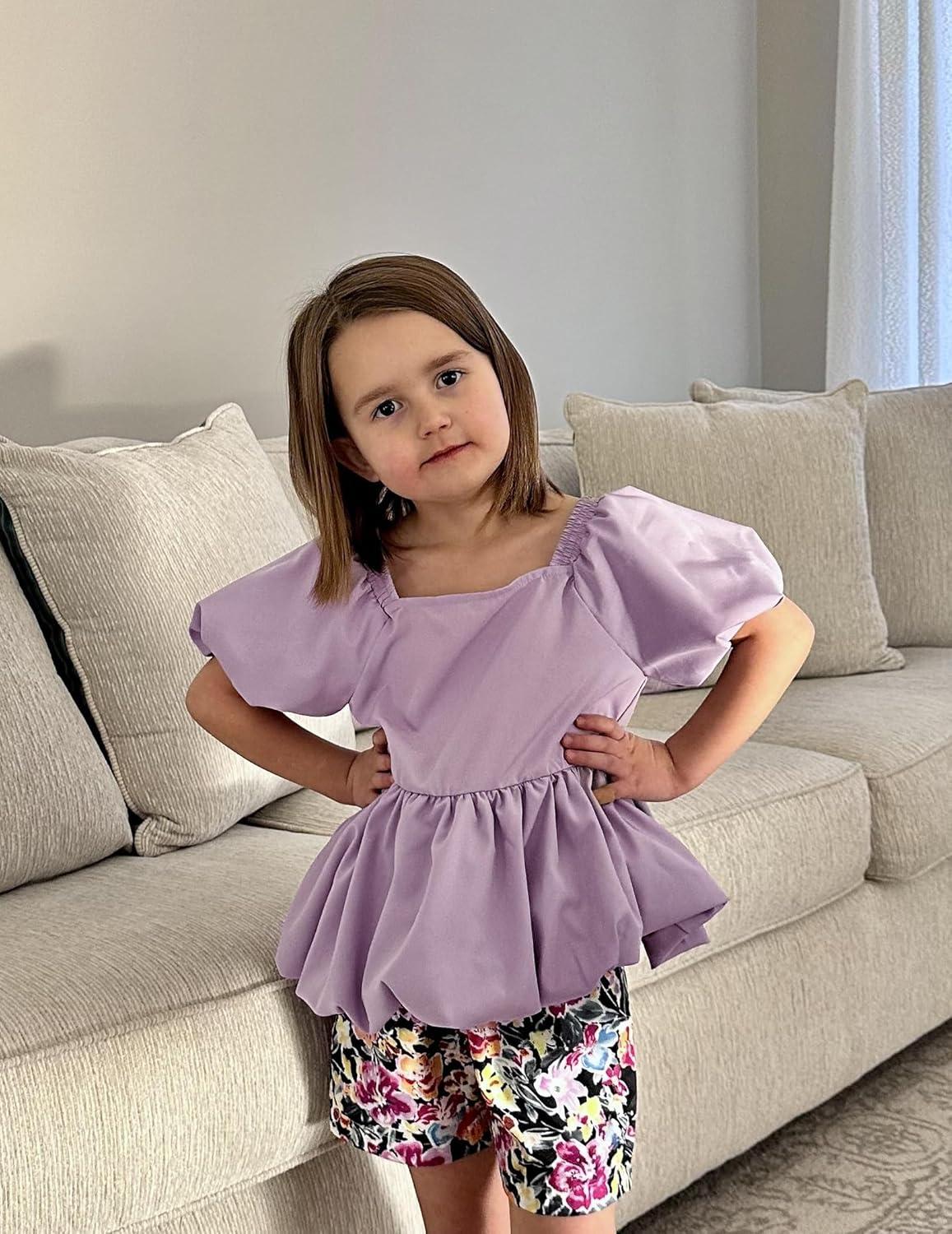 image:imageArshiner Girls 2 Piece Outfits Summer Clothes Square Neck Puffed Sleeve Bubble Hem Tops Shirt and Casual Short SetPurpleflower