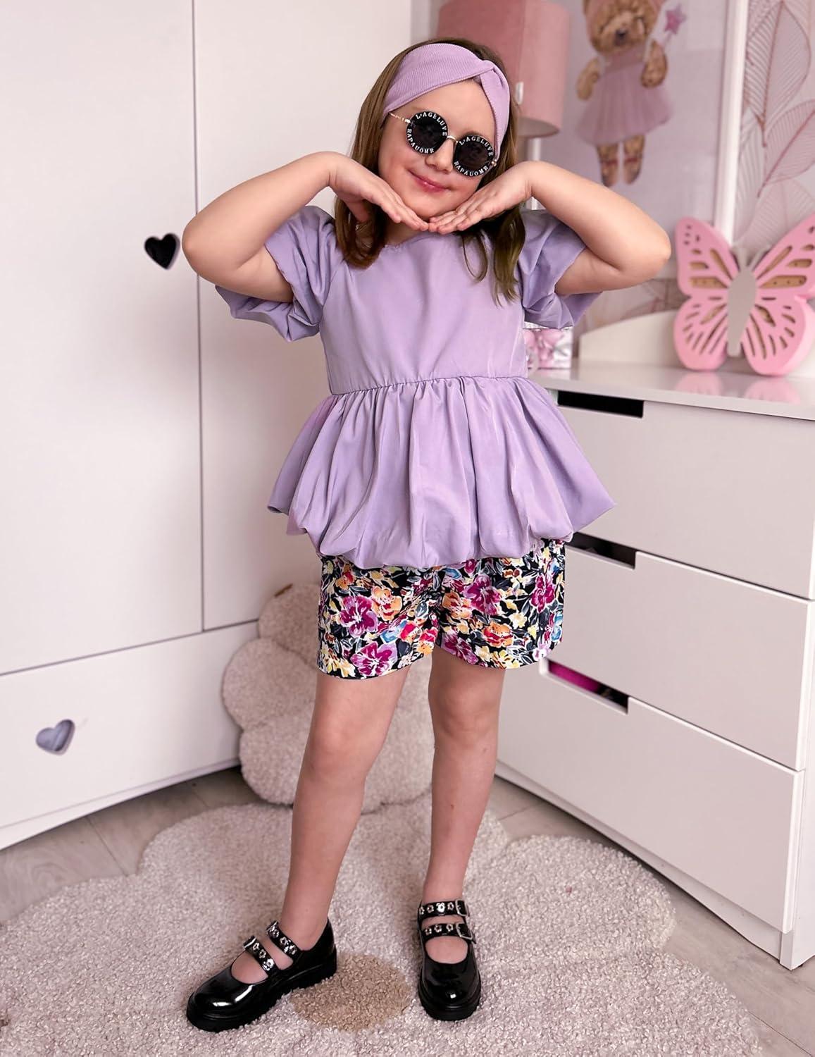 image:imageArshiner Girls 2 Piece Outfits Summer Clothes Square Neck Puffed Sleeve Bubble Hem Tops Shirt and Casual Short SetPurpleflower