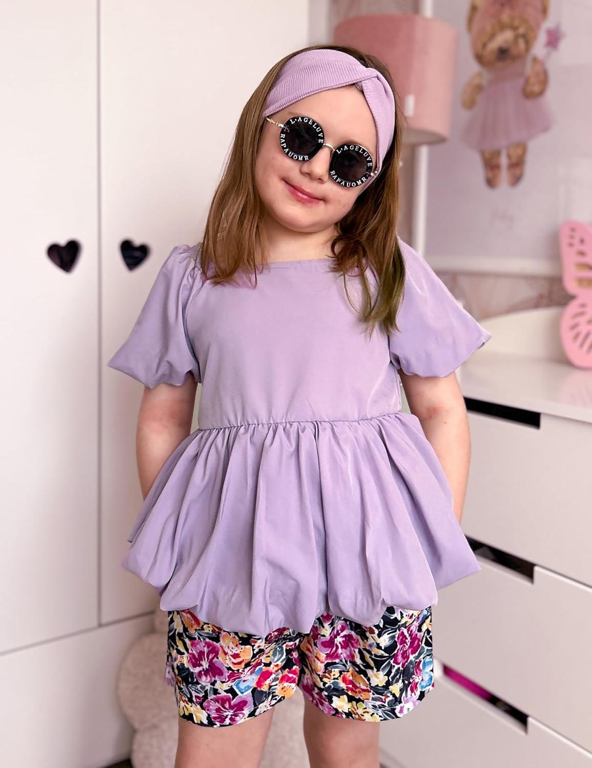 image:imageArshiner Girls 2 Piece Outfits Summer Clothes Square Neck Puffed Sleeve Bubble Hem Tops Shirt and Casual Short SetPurpleflower
