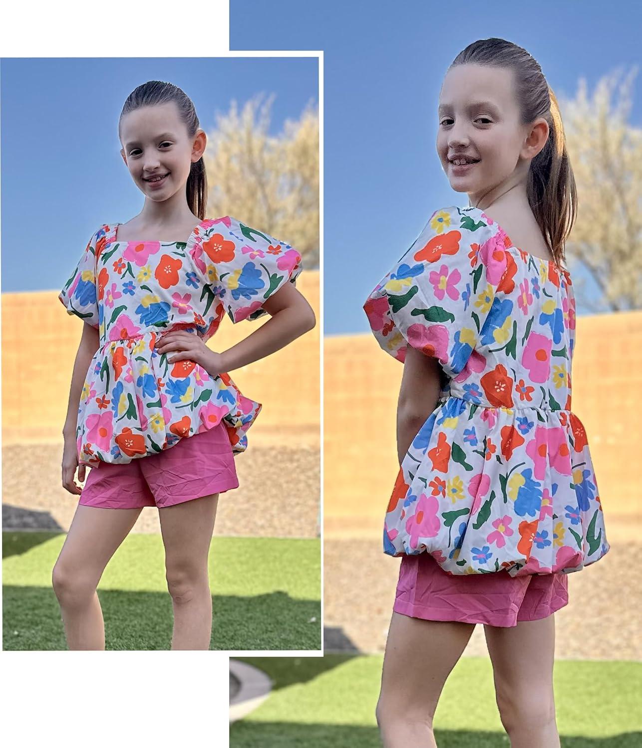 image:imageArshiner Girls 2 Piece Outfits Summer Clothes Square Neck Puffed Sleeve Bubble Hem Tops Shirt and Casual Short SetRose Redflower