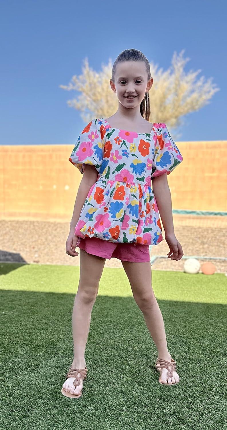 image:imageArshiner Girls 2 Piece Outfits Summer Clothes Square Neck Puffed Sleeve Bubble Hem Tops Shirt and Casual Short SetRose Redflower