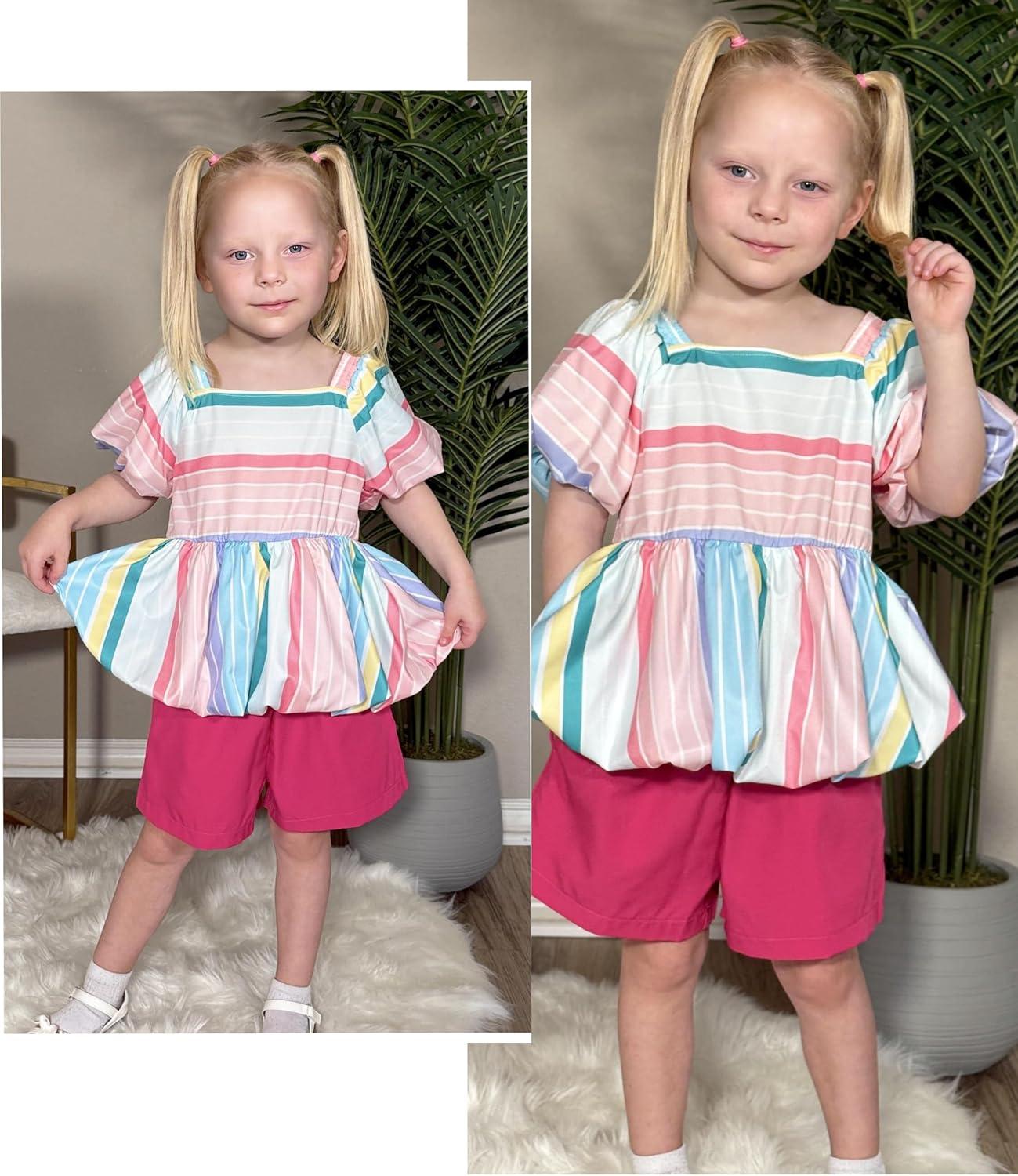 image:imageArshiner Girls 2 Piece Outfits Summer Clothes Square Neck Puffed Sleeve Bubble Hem Tops Shirt and Casual Short SetRose Redstripes