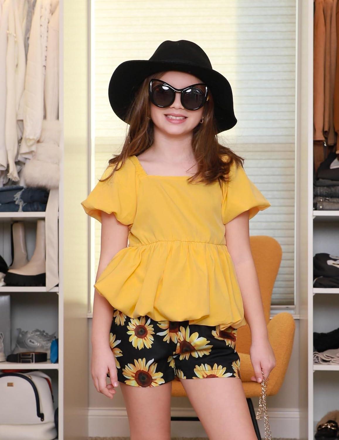 image:imageArshiner Girls 2 Piece Outfits Summer Clothes Square Neck Puffed Sleeve Bubble Hem Tops Shirt and Casual Short SetYellowsunflower