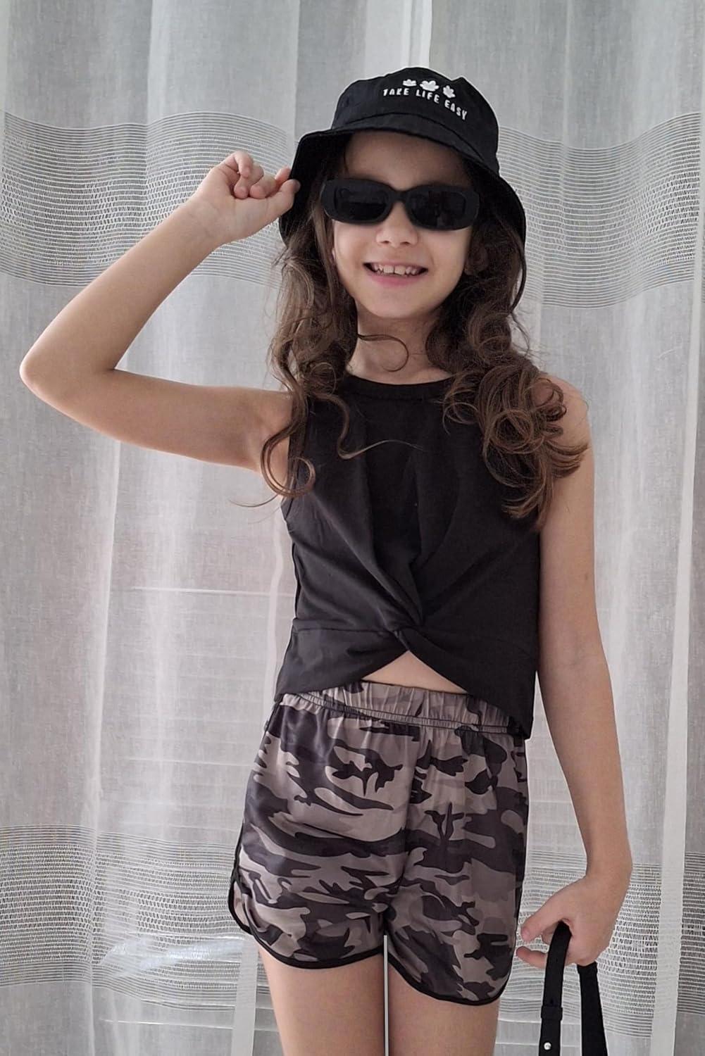 image:imageArshiner Girls 2 Piece Outfits Summer Clothes Twist Front Tank Top and Active Short with Pockets Kids Clothing SetsCamouflage