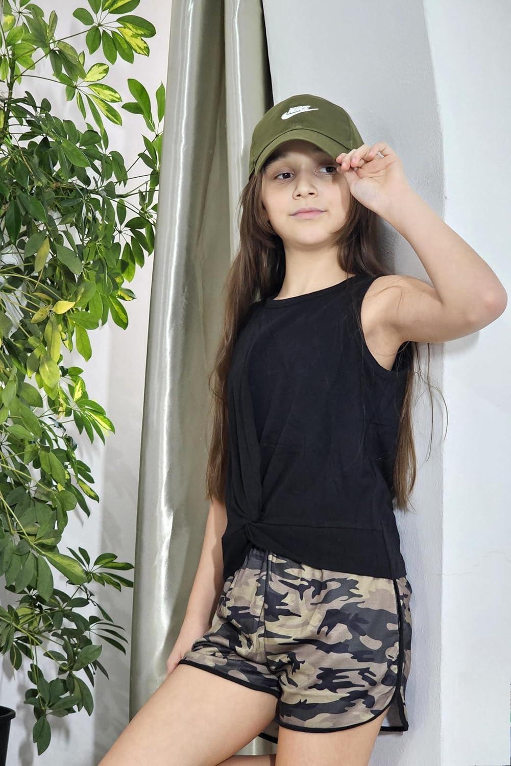 image:imageArshiner Girls 2 Piece Outfits Summer Clothes Twist Front Tank Top and Active Short with Pockets Kids Clothing SetsCamouflage