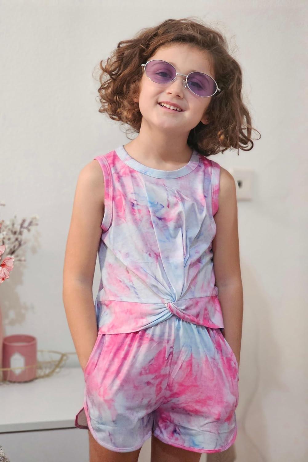 image:imageArshiner Girls 2 Piece Outfits Summer Clothes Twist Front Tank Top and Active Short with Pockets Kids Clothing SetsTie Dye