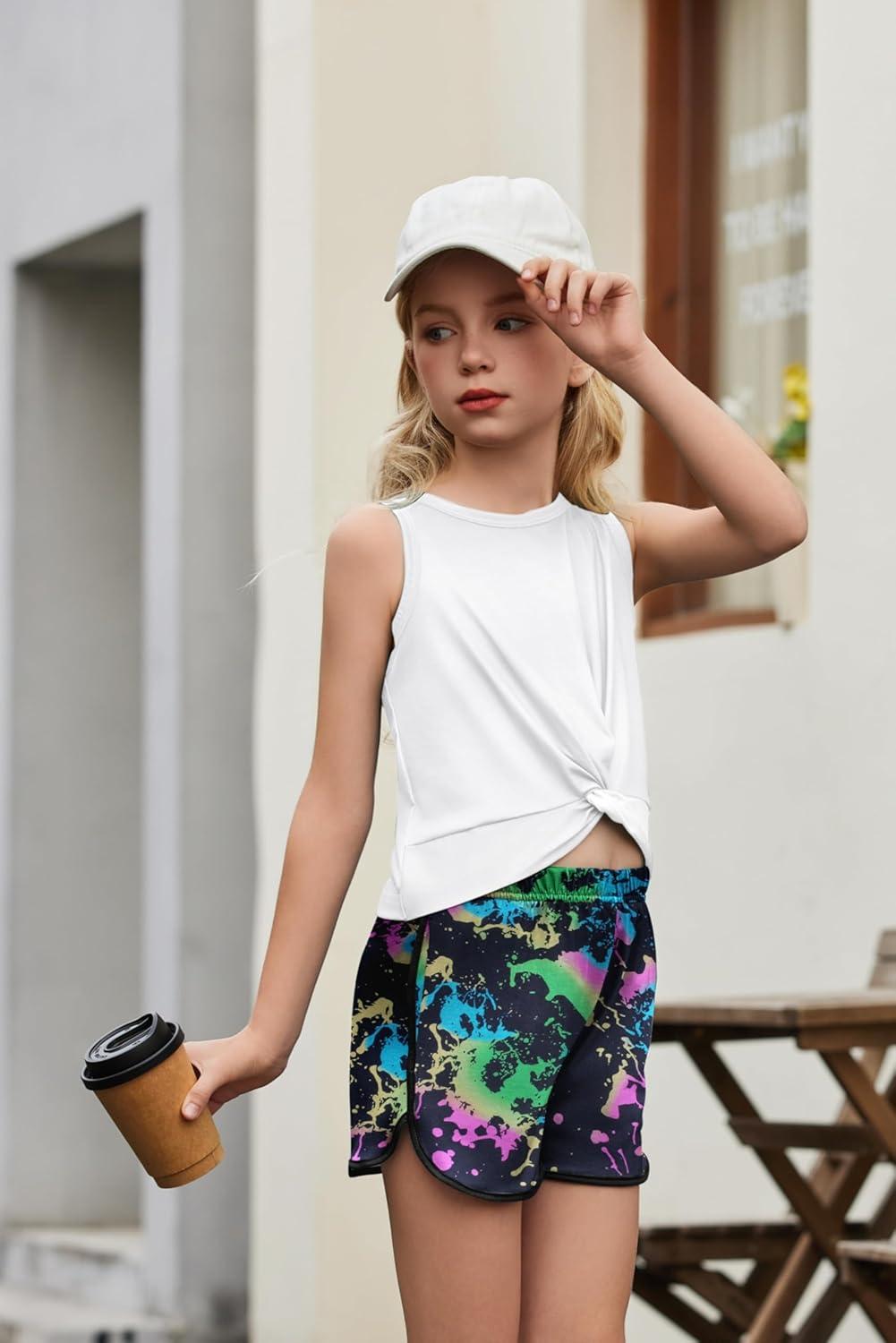 image:imageArshiner Girls 2 Piece Outfits Summer Clothes Twist Front Tank Top and Active Short with Pockets Kids Clothing SetsTie Dyeblack