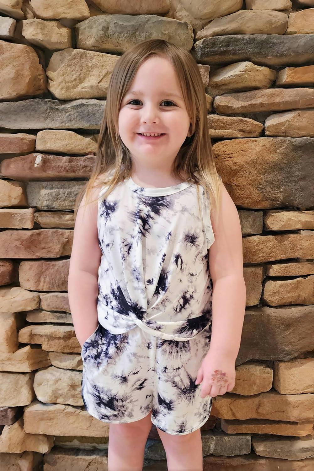 image:imageArshiner Girls 2 Piece Outfits Summer Clothes Twist Front Tank Top and Active Short with Pockets Kids Clothing SetsTie Dyeblackwhite