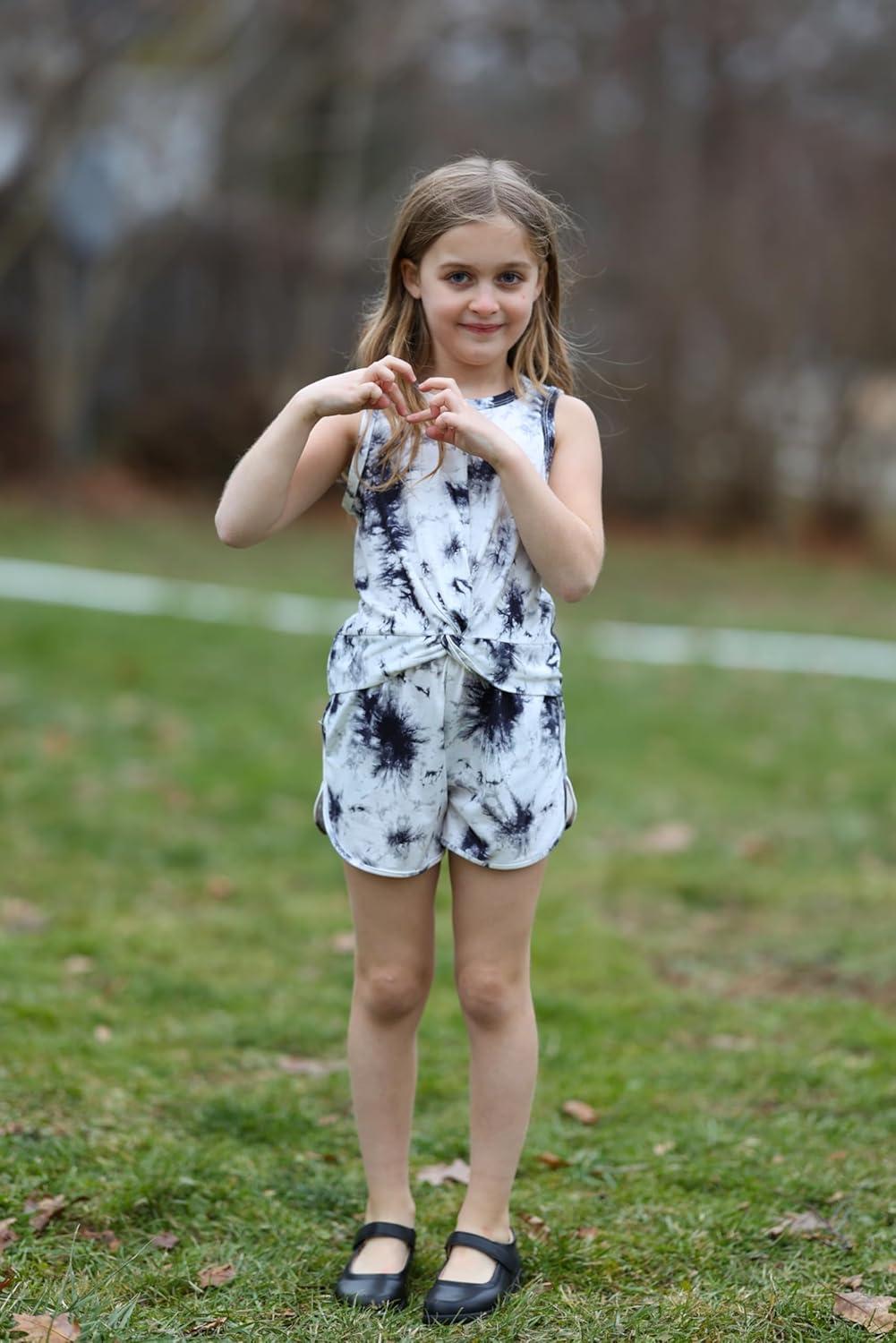 image:imageArshiner Girls 2 Piece Outfits Summer Clothes Twist Front Tank Top and Active Short with Pockets Kids Clothing SetsTie Dyeblackwhite