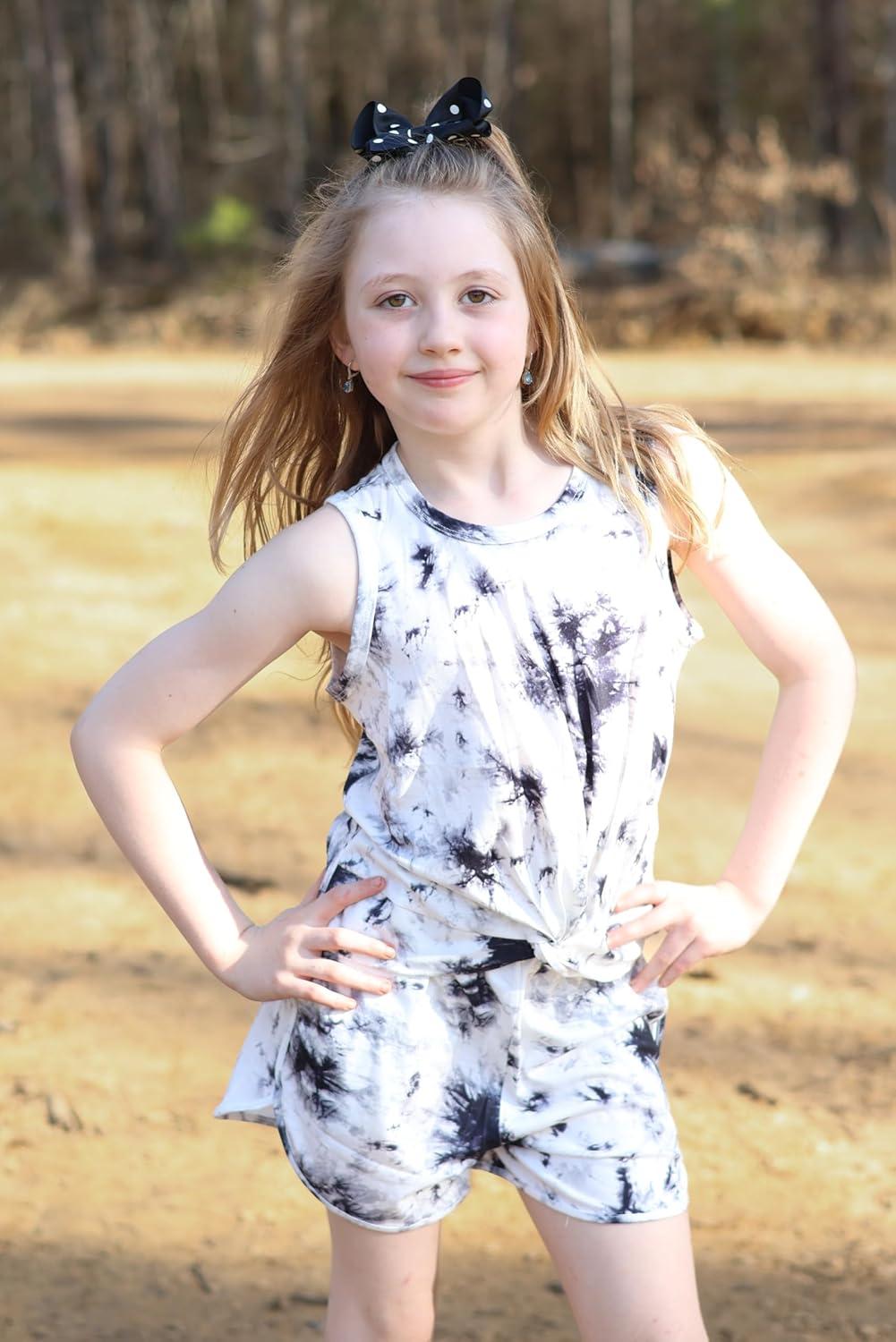 image:imageArshiner Girls 2 Piece Outfits Summer Clothes Twist Front Tank Top and Active Short with Pockets Kids Clothing SetsTie Dyeblackwhite