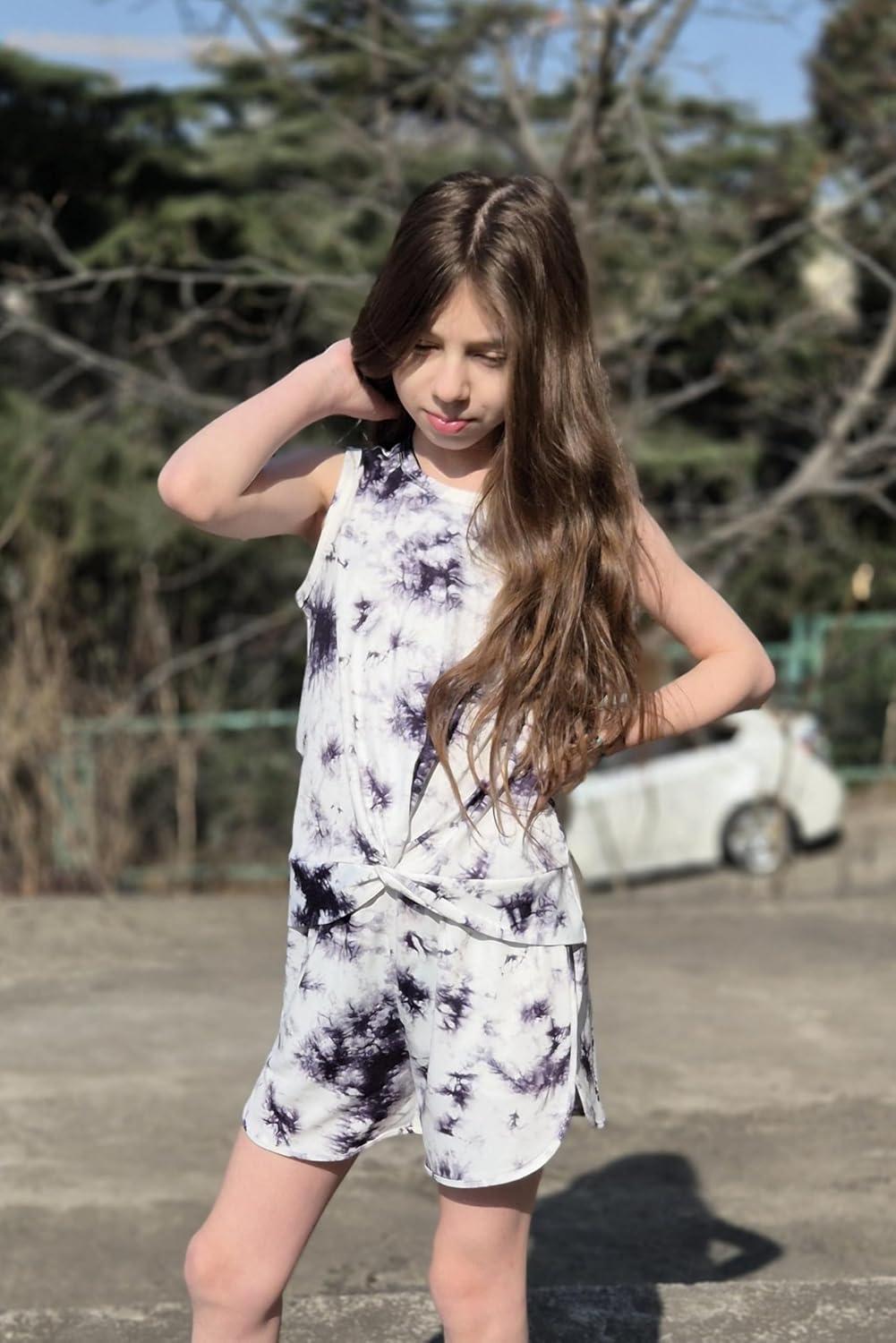 image:imageArshiner Girls 2 Piece Outfits Summer Clothes Twist Front Tank Top and Active Short with Pockets Kids Clothing SetsTie Dyeblackwhite