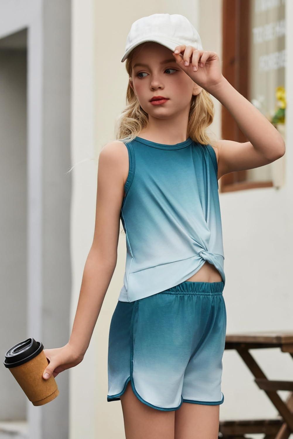 image:imageArshiner Girls 2 Piece Outfits Summer Clothes Twist Front Tank Top and Active Short with Pockets Kids Clothing SetsTie Dyegreen