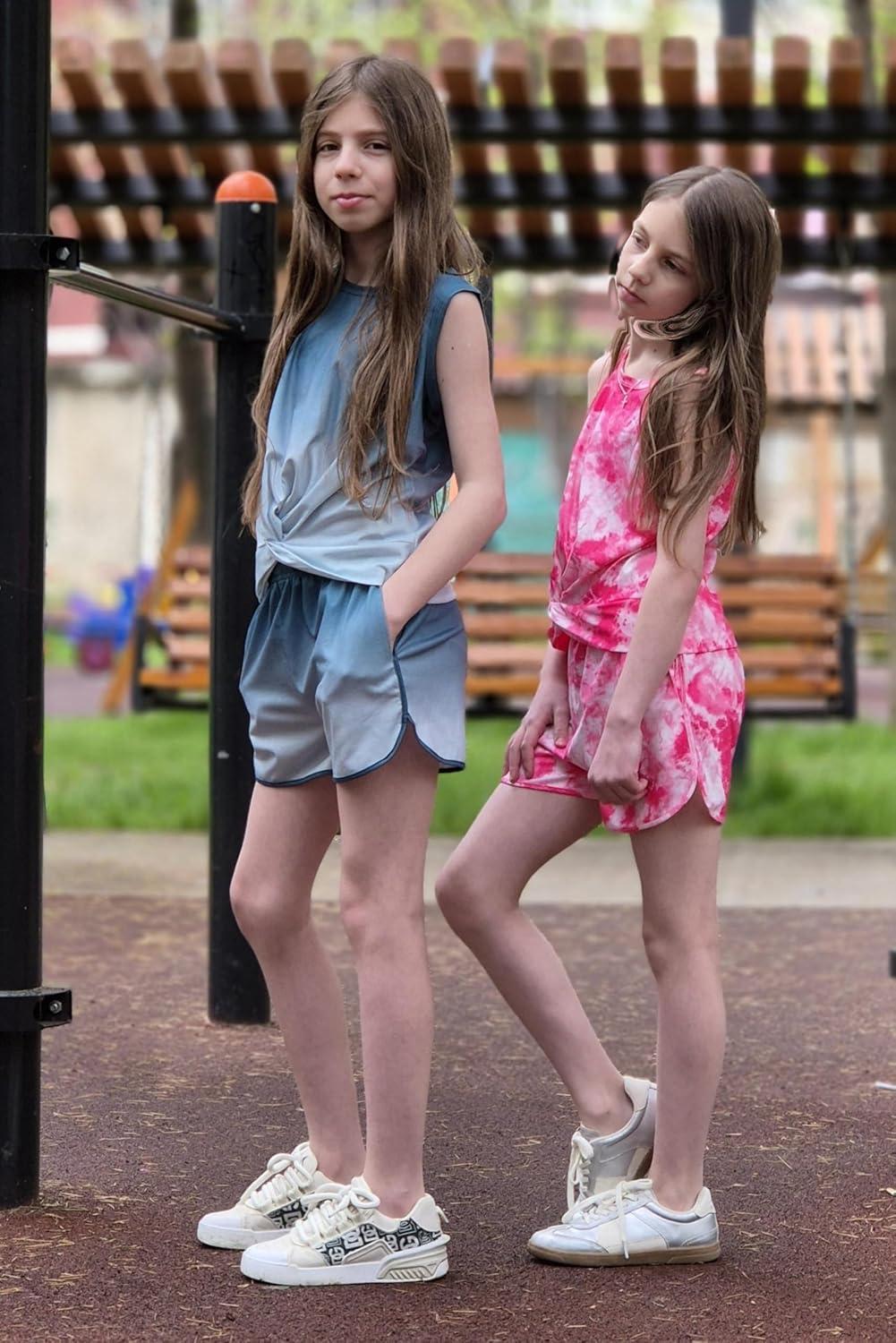 image:imageArshiner Girls 2 Piece Outfits Summer Clothes Twist Front Tank Top and Active Short with Pockets Kids Clothing SetsTie Dyegreen