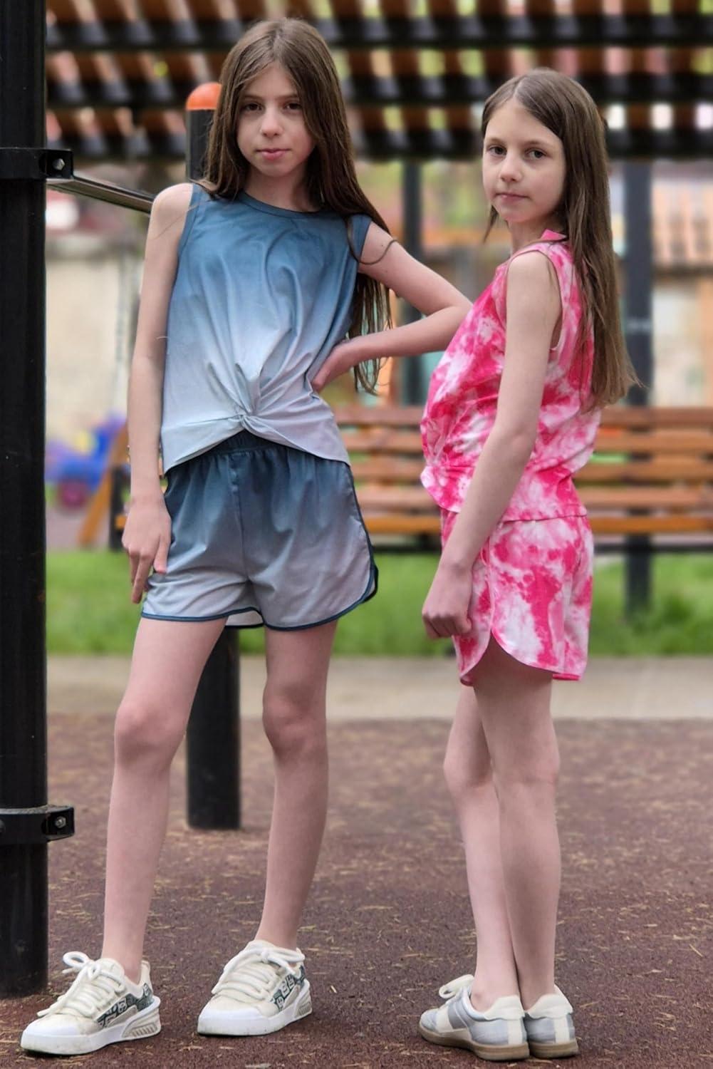 image:imageArshiner Girls 2 Piece Outfits Summer Clothes Twist Front Tank Top and Active Short with Pockets Kids Clothing SetsTie Dyegreen