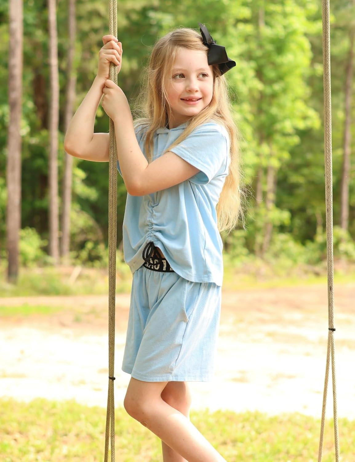 image:imageArshiner Girls 2 Piece Outfits Summer Clothing Sets Short Sleeve Drawstring Hoodie TShirt and Letter Print Waist ShortBlue