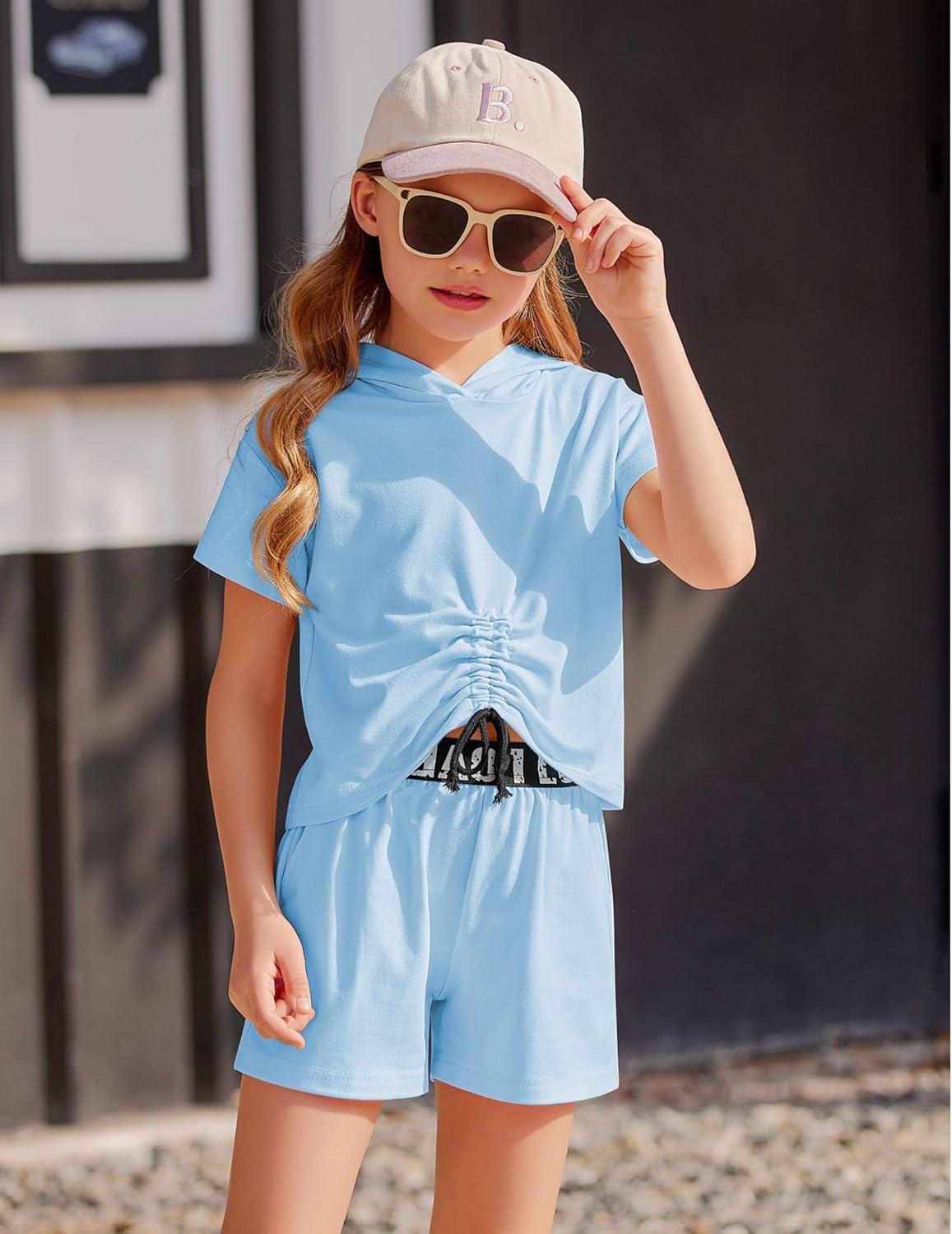 image:imageArshiner Girls 2 Piece Outfits Summer Clothing Sets Short Sleeve Drawstring Hoodie TShirt and Letter Print Waist ShortBlue