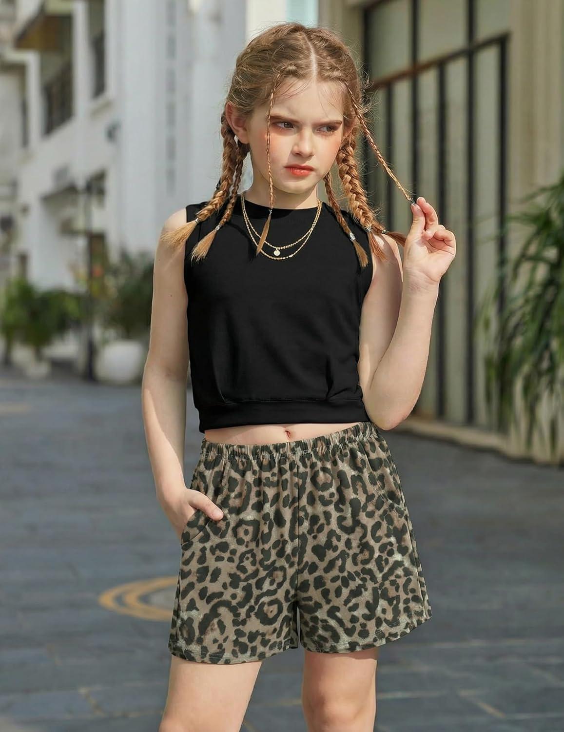 image:imageArshiner Girls 2 Piece Outfits Summer Tank Top and Shorts Set with Pockets Kids Sleeveless Clothes 614YBlackleopard