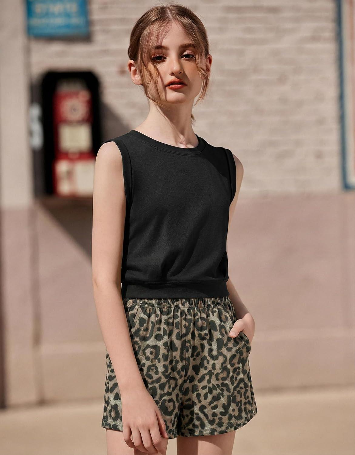 image:imageArshiner Girls 2 Piece Outfits Summer Tank Top and Shorts Set with Pockets Kids Sleeveless Clothes 614YBlackleopard