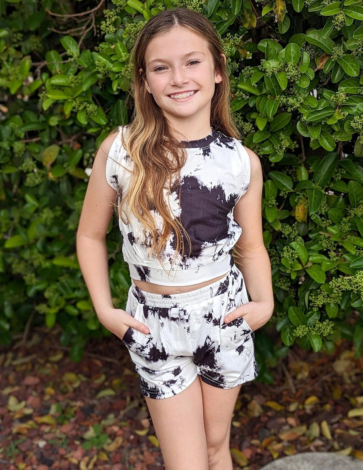 image:imageArshiner Girls 2 Piece Outfits Summer Tank Top and Shorts Set with Pockets Kids Sleeveless Clothes 614YBlackwhite