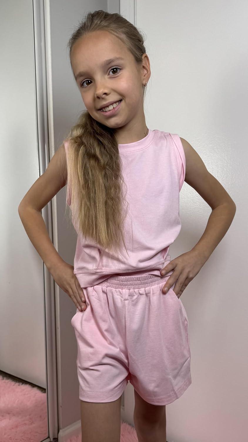 image:imageArshiner Girls 2 Piece Outfits Summer Tank Top and Shorts Set with Pockets Kids Sleeveless Clothes 614YDark Pink